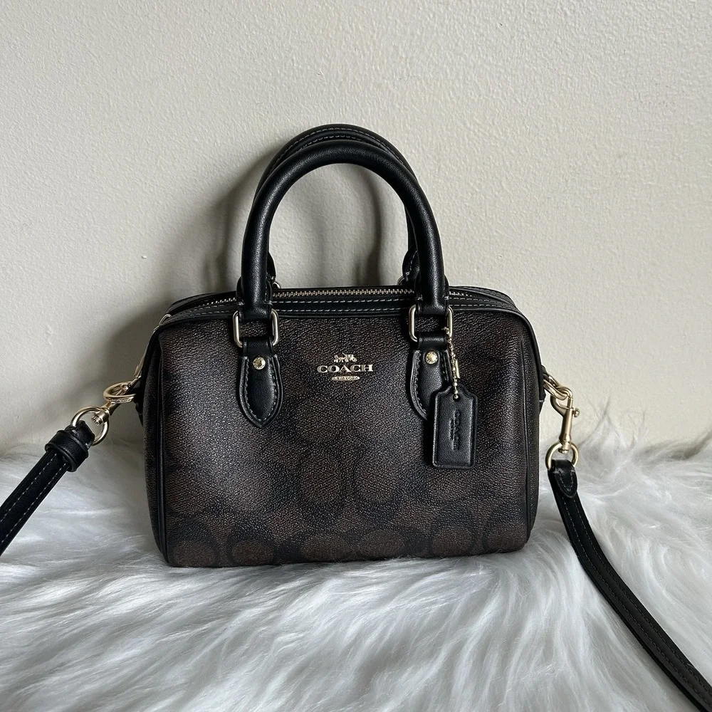 Coach Mini Rowan Brown Black‎ Signature Canvas Leather Satchel Bag Excellent